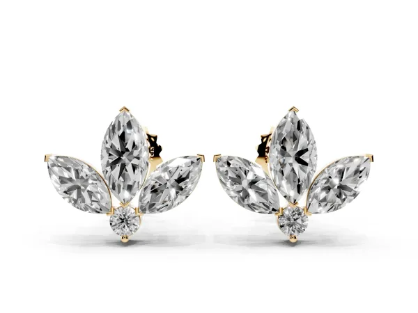 Marquise Cluster Stud Earrings with Round Prong Setting Yellow gold