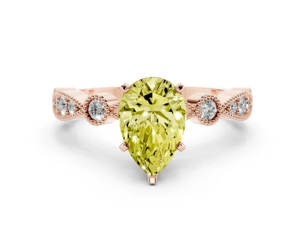 Fancy Yellow Pear Cut Milgrain Bezel Diamond Engagement Ring with Solitaire Prong Setting Rose gold