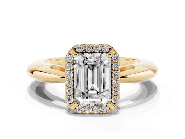 Emerald Cut Cut Diamond Halo Engagement Ring with Split Shank and Four-Prong Setting Yellow gold
