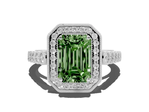 Fancy Green Emerald Cut Halo Milgrain Solitaire with Bezel Set Side Stones and Pave Band White gold