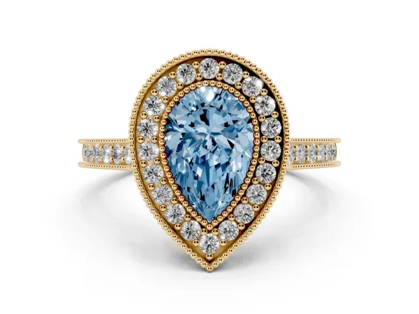 Fancy Blue Halo Pear Cut-Cut Diamond Pave Band Milgrain Prong Setting Ring Yellow gold