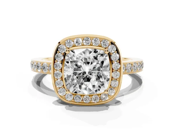 Cushion Cut Diamond Halo Ring with Bezel Frame and Pavé Band Yellow gold