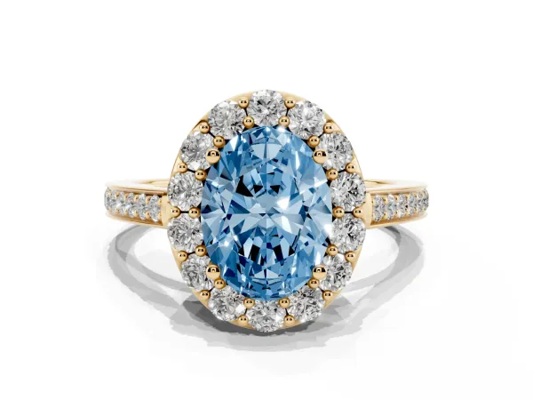 Fancy Blue Oval Cut Diamond Floral Halo Ring with Pavé Band and Prong Setting Yellow gold