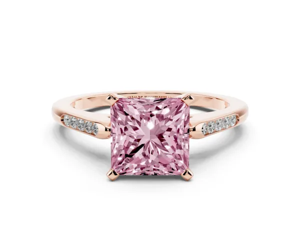 Fancy Pink Princess Cut Diamond Solitaire Ring with Channel Set Round Band and Prong Setting Rose gold