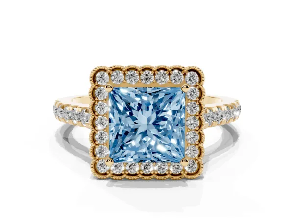 Fancy Blue Princess Cut Cut Diamond Milgrain Floral Halo Engagement Ring with Pavé Band Yellow gold