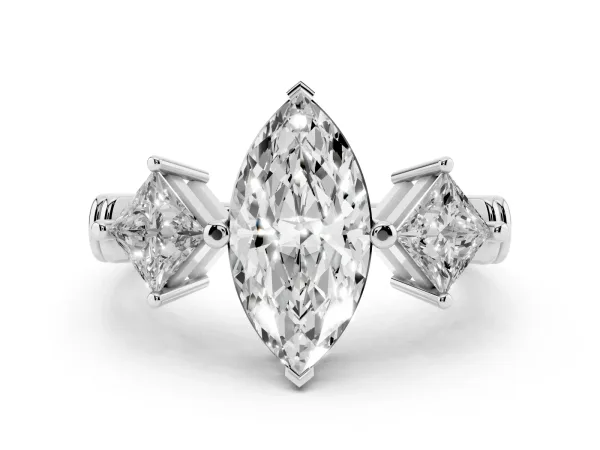 Three-Stone Marquise Cut and Princess Cut Diamond Ring with Channel Band and Four-Prong Setting Platinum
