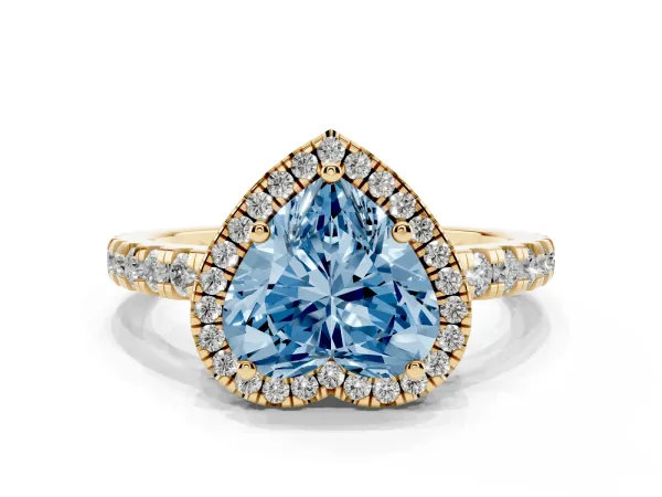 Fancy Blue Heart Cut Diamond Halo Ring with Pavé Band and Four-Prong Setting Yellow gold