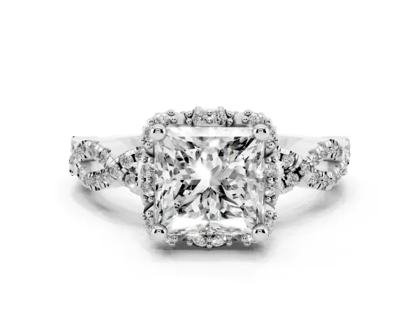 Princess Cut Halo Twist Band Solitaire Ring with Six-Prong Setting Platinum