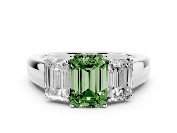 Fancy Green Three-Stone Emerald Cut Cut Diamond Ring with Prong Setting and Classic Band White gold