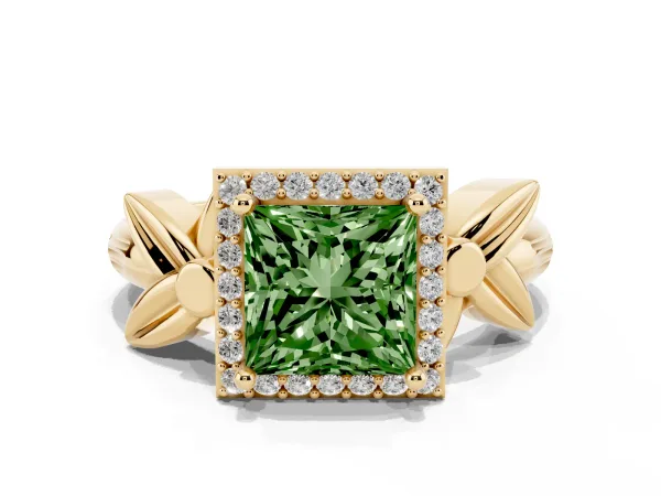 Fancy Green Princess Cut Halo Diamond Floral Band with Four-Prong Setting Yellow gold