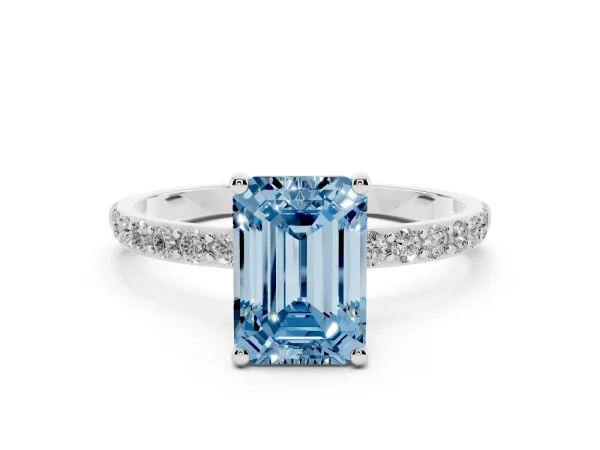 Fancy Blue Emerald Cut Diamond Solitaire Ring with Round Pavé Shoulders and Prong Setting Platinum