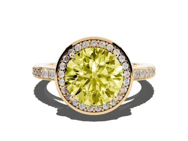 Fancy Yellow Round Cut Halo Pave Band Solitaire Ring with Prong Setting Yellow gold