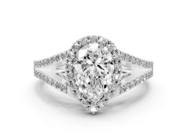 Pear Cut Halo Split Shank Diamond Ring with Prong Setting Platinum