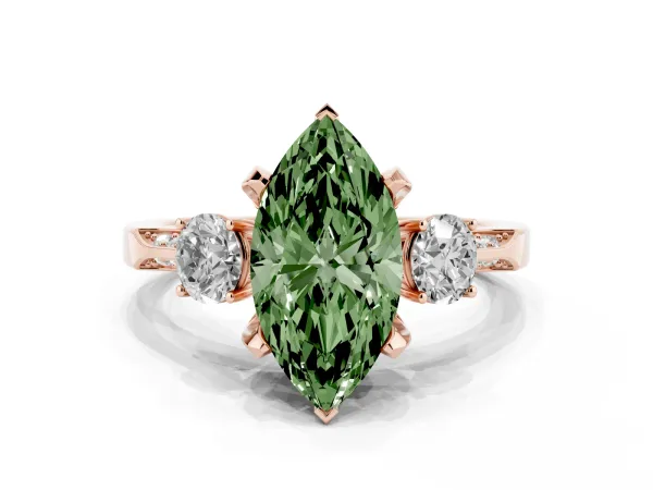 Fancy Green Marquise Cut Brilliant Three-Stone Diamond Ring with Pavé Band and Four-Prong Setting Rose gold