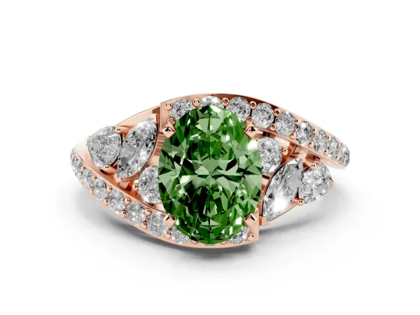 Fancy Green Oval Cut Diamond Halo Ring with Marquise and Pavé Band in Prong Setting Rose gold