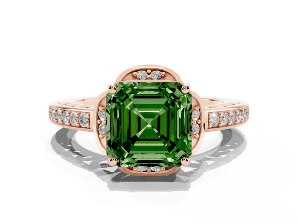 Fancy Green Asscher Cut Cut Halo Diamond Ring with Channel Set Band and Four-Prong Setting Rose gold