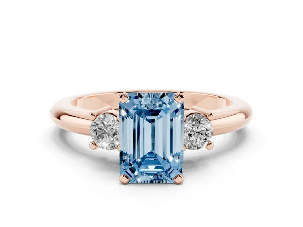 Fancy Blue Three-Stone Emerald Cut Cut Diamond Solitaire with Prong Setting and Classic Band Rose gold