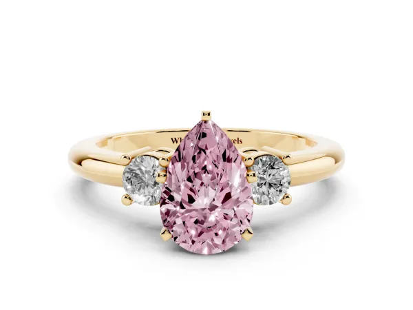 Fancy Pink Three-Stone Pear Cut Cut Diamond Solitaire with Prong Setting and Classic Band Yellow gold