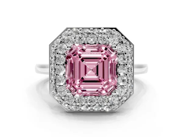 Fancy Pink Asscher Cut Halo Diamond Engagement Ring with Solitaire Band and Four-Prong Setting White gold