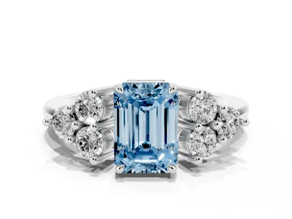 Fancy Blue Emerald Cut Brilliant Diamond Cluster Accent Solitaire Ring with Prong Setting White gold