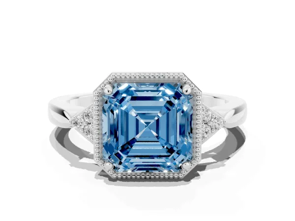 Fancy Blue Hexagonal Halo Asscher Cut Diamond Solitaire with Pavé Band and Four-Prong Setting White gold