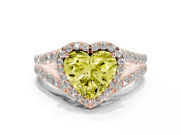 Fancy Yellow Heart Cut Diamond Split Shank Halo Ring with Four-Prong Setting Rose gold