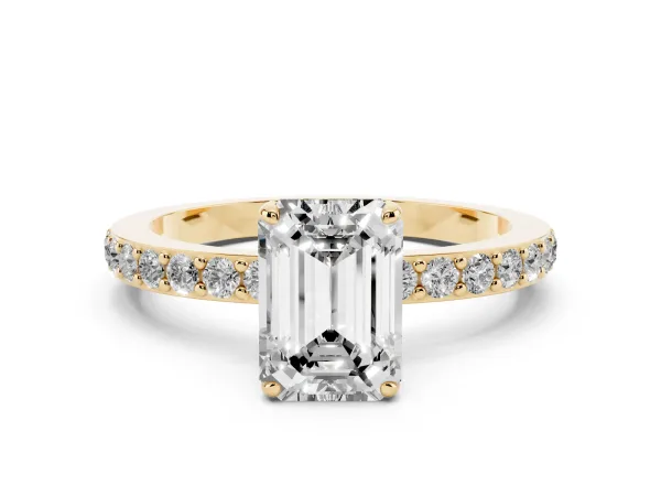 Emerald Cut Diamond Solitaire Engagement Ring with Pavé Band and Four-Prong Setting Yellow gold