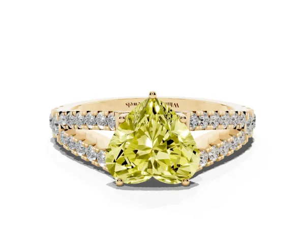 Fancy Yellow Heart Cut Diamond Split Shank Engagement Ring with Round Pavé and Prong Setting Yellow gold
