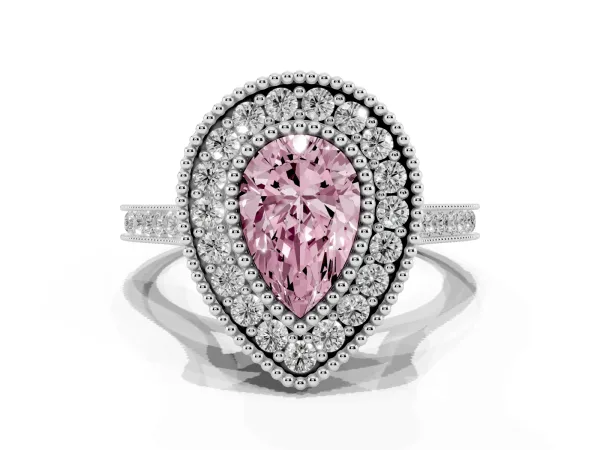 Fancy Pink Pear Cut Diamond Halo Ring with Milgrain Frame and Pavé Band White gold