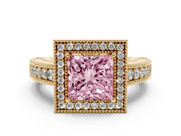 Fancy Pink Princess Cut Cut Halo Diamond Ring with Pavé Band and Four-Prong Setting Yellow gold