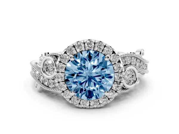 Fancy Blue Round Cut Diamond Halo Ring with Milgrain Pavé Band and Four-Prong Setting Platinum