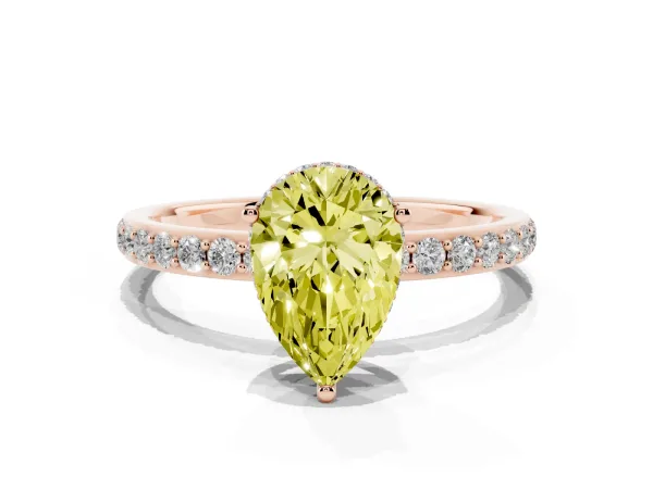 Fancy Yellow Pear Cut Diamond Solitaire Ring with Pavé Band and Hidden Halo Rose gold