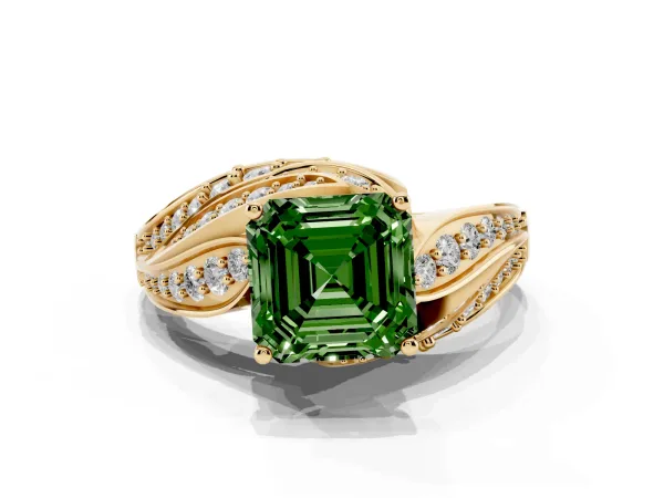 Fancy Green Asscher Cut Diamond Solitaire Ring with Prong Setting and Twisted Pavé Band Yellow gold