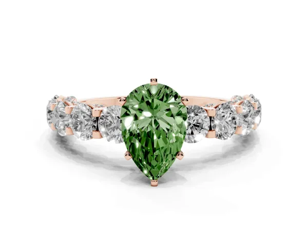 Fancy Green Pear Cut Diamond Side Stone Engagement Ring with Four-Prong Setting Rose gold