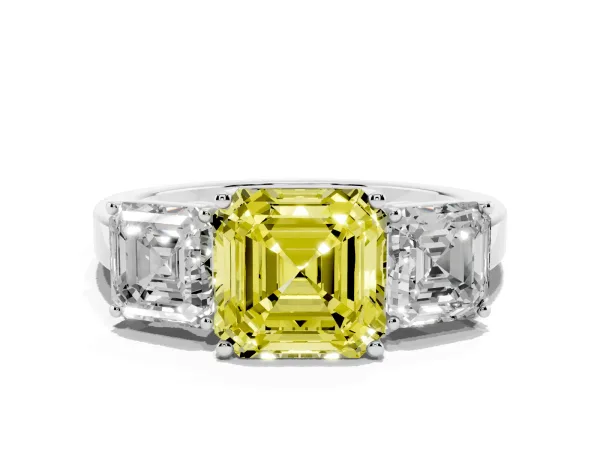 Fancy Yellow Three-Stone Asscher Cut Cut Diamond Engagement Ring with Flat Band and Four-Prong Setting White gold