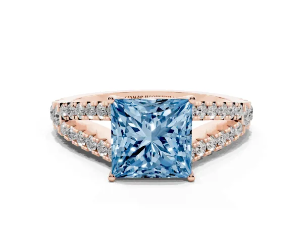 Fancy Blue Princess Cut Diamond Split Shank Pavé Engagement Ring with Four-Prong Setting Rose gold
