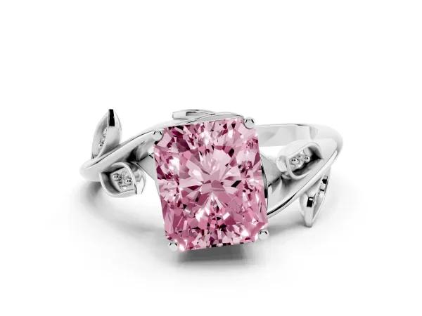 Fancy Pink Radiant Cut Solitaire Twist Engagement Ring with Leaf Accents and Prong Setting White gold
