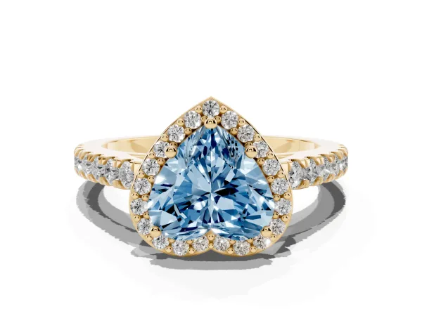 Fancy Blue Heart Cut Cut Halo Diamond Engagement Ring with Pave Band and Four-Prong Setting Yellow gold