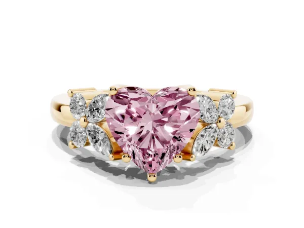 Fancy Pink Heart Cut Diamond Floral Cluster Ring with Solitaire Band and Prong Setting Yellow gold