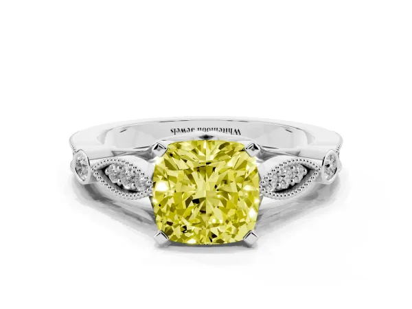 Fancy Yellow Cushion Cut Cut Diamond with Milgrain Marquise and Bezel Accents on a Solitaire Band with Prong Setting White gold