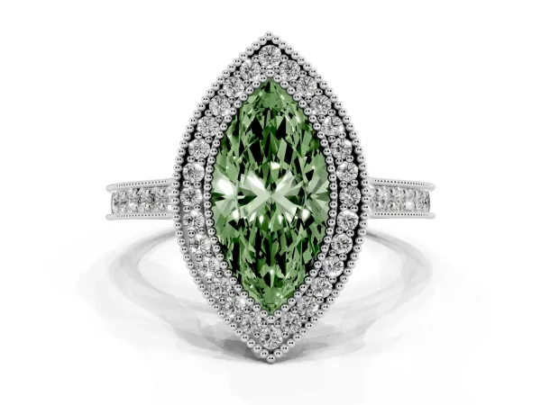 Fancy Green Halo Marquise Cut-Cut Diamond Pave Band Milgrain Prong Setting Ring White gold