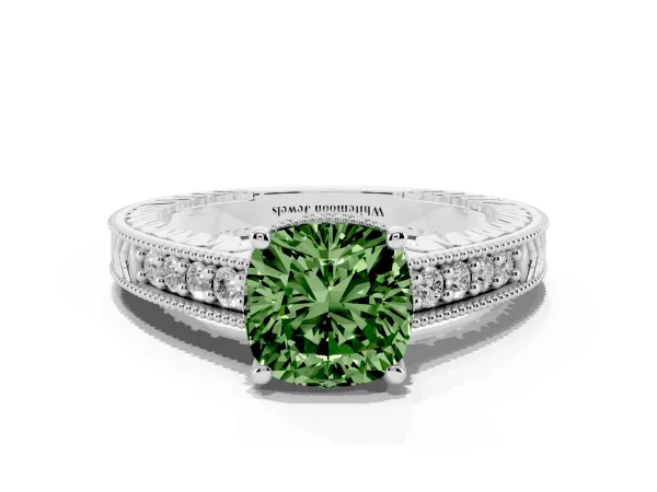 Fancy Green Cushion Cut Solitaire Pavé Diamond Milgrain Engagement Ring with Four-Prong Setting White gold