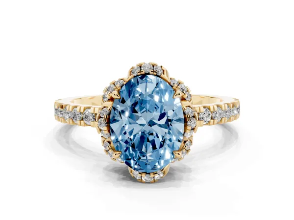 Fancy Blue Oval Cut Diamond Halo Pave Band with Four-Prong Setting Yellow gold