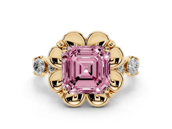 Fancy Pink Asscher Cut Cut Diamond Floral Halo Engagement Ring with Shared Prong Setting Yellow gold
