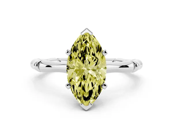 Fancy Yellow Marquise Cut Solitaire Diamond Ring with Bamboo Band and Four-Prong Setting Platinum