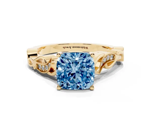 Fancy Blue Cushion Cut Solitaire Vine Band with Milgrain Prong Setting Yellow gold