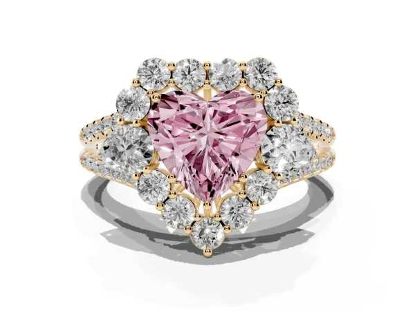 Fancy Pink Heart Cut Halo Split Shank Diamond Engagement Ring with Prong Setting Yellow gold