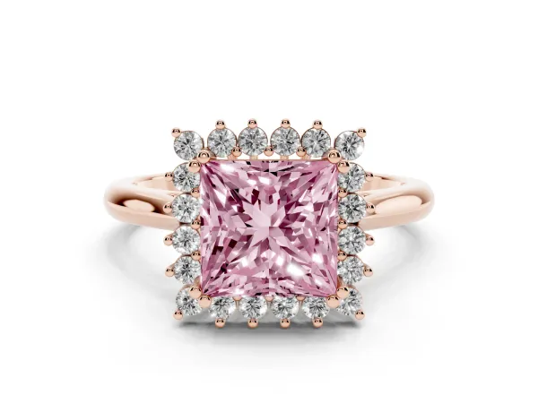 Fancy Pink Princess Cut Cut Diamond Halo Ring with Solitaire Band and Prong Setting Rose gold