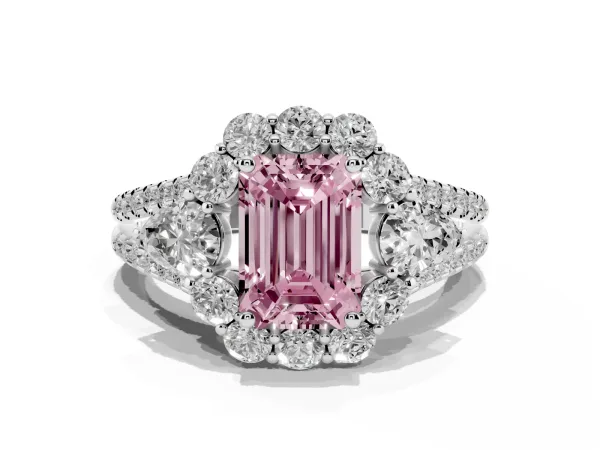 Fancy Pink Emerald Cut Halo Split Shank Diamond Engagement Ring with Prong Setting Platinum