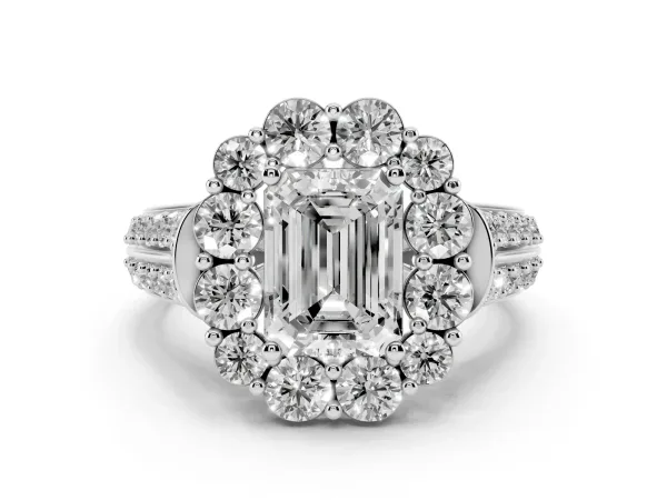 Emerald Cut Halo Diamond Engagement Ring with Split Shank and Prong Setting Platinum